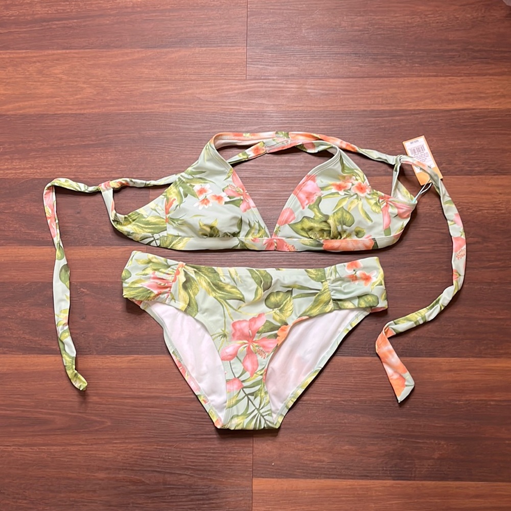 Kona sol, womens two piece swimsuit, green floral, large 12-14, new with tags
